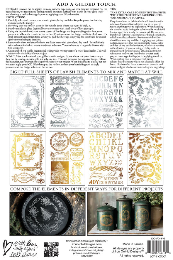 Back of IOD Figgy & Flourish gilded foil transfer showing instructions and design previews