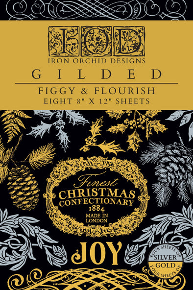 IOD Figgy & Flourish gilded foil transfer packaging with gold and silver holiday designs