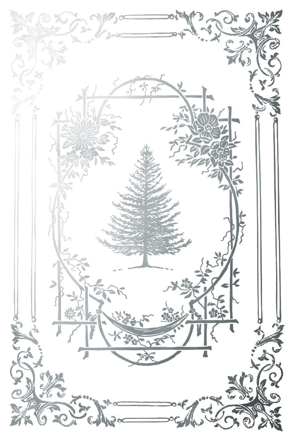 IOD Figgy & Flourish silver foil sheet with vintage tree frame and floral accents