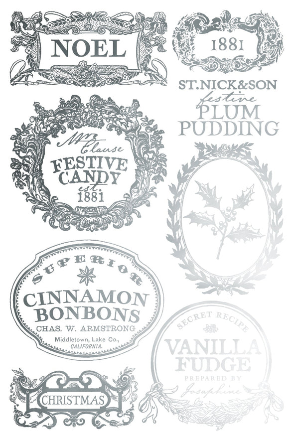 IOD Figgy & Flourish silver foil sheet with holiday labels and confectionery motifs