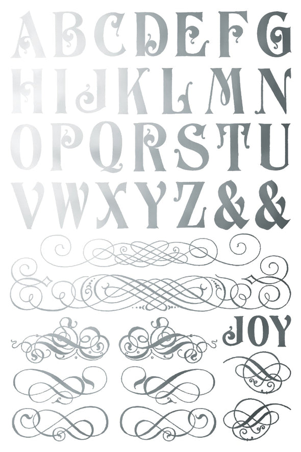 IOD Figgy & Flourish silver foil sheet with alphabet letters and calligraphy flourishes