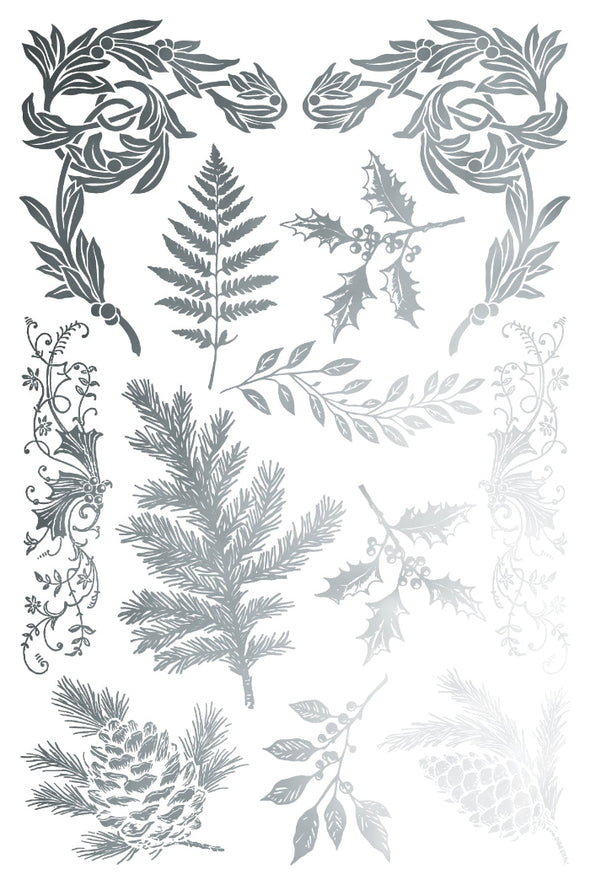 IOD Figgy & Flourish silver foil sheet with festive foliage, holly, pine, and botanical elements