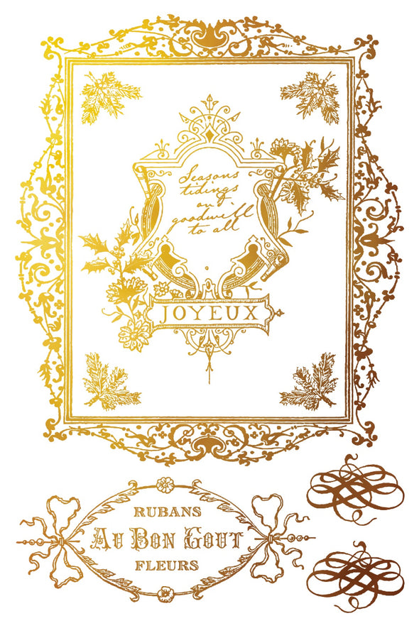 IOD Figgy & Flourish gold foil sheet with ornate frame, script, and vintage lettering
