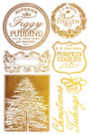 IOD Figgy & Flourish gold foil sheet with holiday labels, figgy pudding, pumpkin cookies, and Christmas motifs