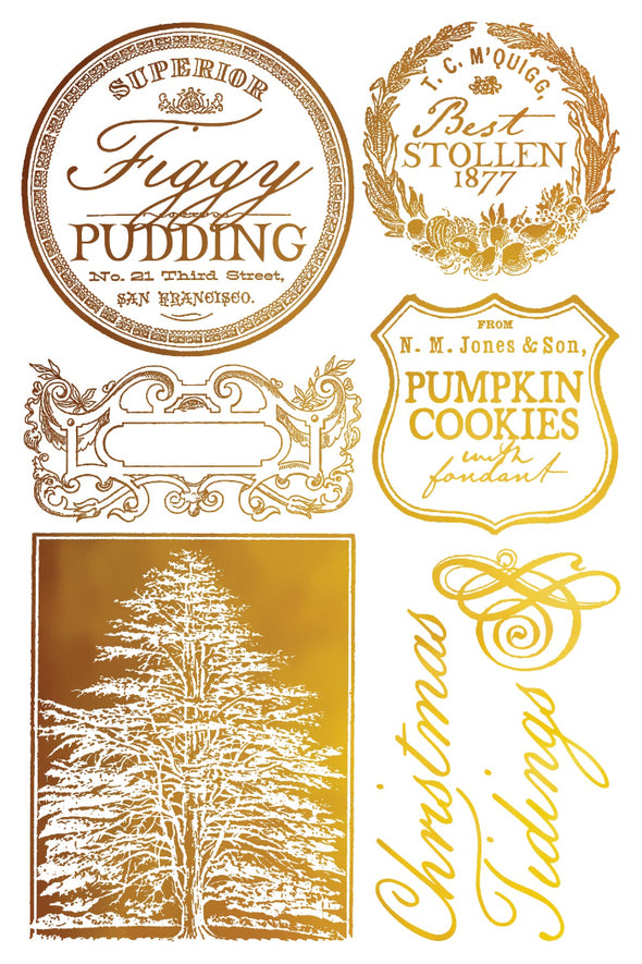 IOD Figgy & Flourish gold foil sheet with holiday labels, figgy pudding, pumpkin cookies, and Christmas motifs