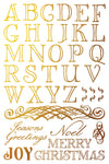 IOD Figgy & Flourish gold foil sheet with alphabet, greetings, and decorative flourishes