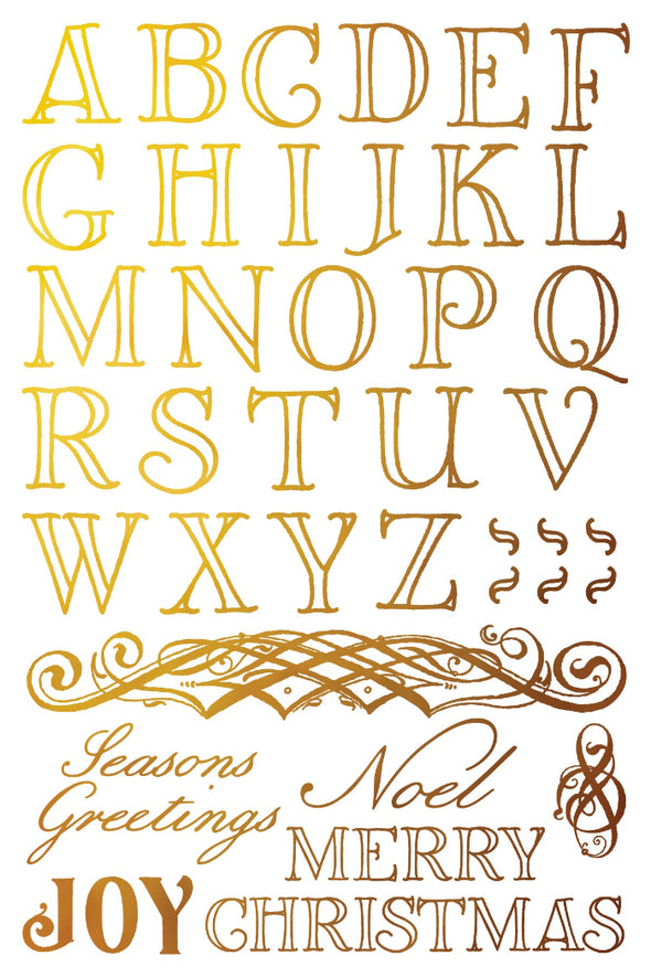 IOD Figgy & Flourish gold foil sheet with alphabet, greetings, and decorative flourishes