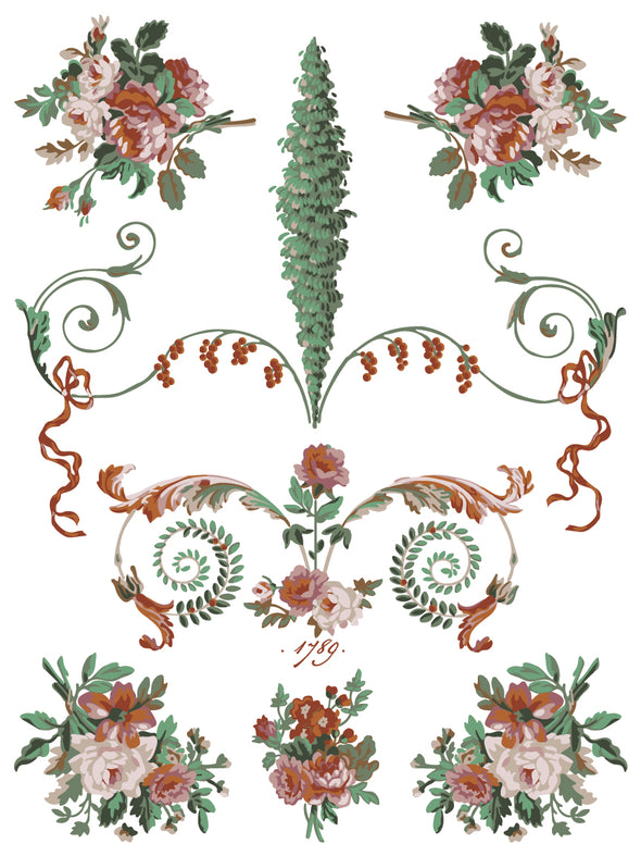 Sheet of La Folie Paint Inlay with floral bouquets, scrolls, and ribbon accents
