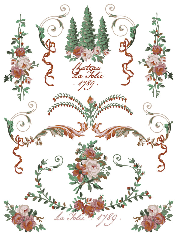 Sheet of La Folie Paint Inlay with evergreen trees, florals, and Château script