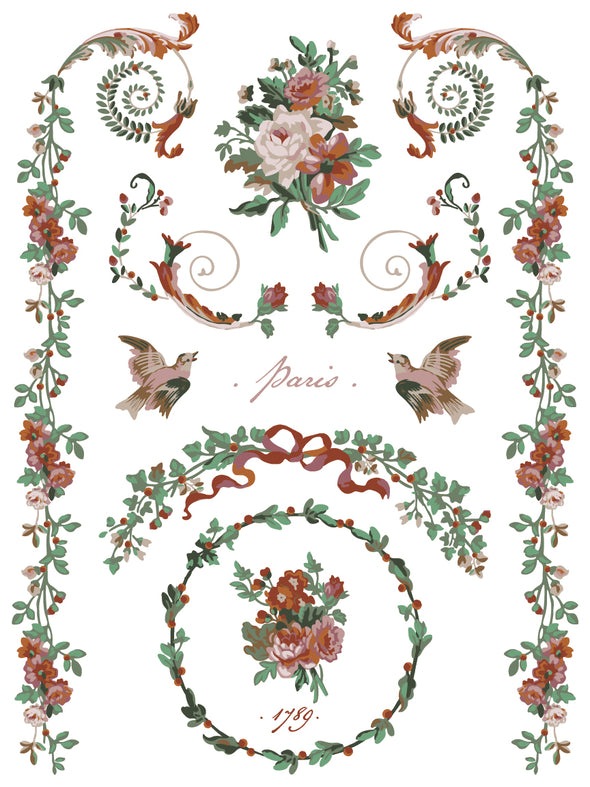 Sheet of La Folie Paint Inlay with songbirds, wreaths, and scrolling vines