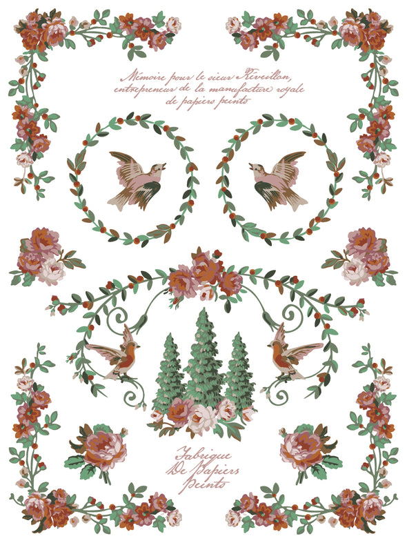 Sheet of La Folie Paint Inlay with floral borders, birds, and French script details