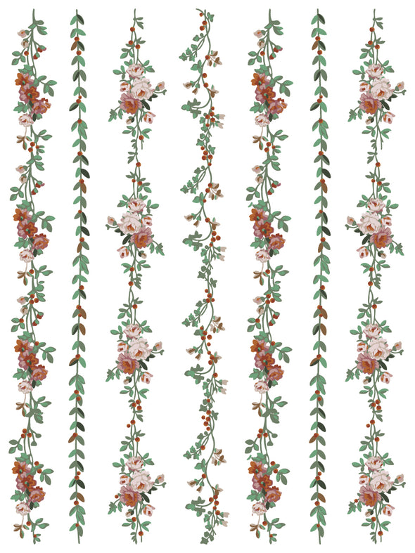 La Folie Paint Inlay sheet featuring vertical floral garlands, trailing vines, and rose clusters for borders and trim designs