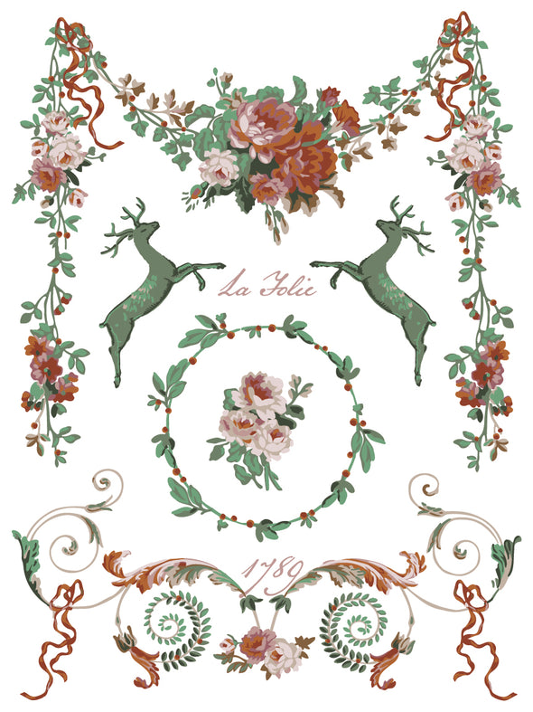 La Folie Paint Inlay sheet with roses, ribbon swags, reindeer motifs, and scrolling flourishes for French-inspired holiday décor