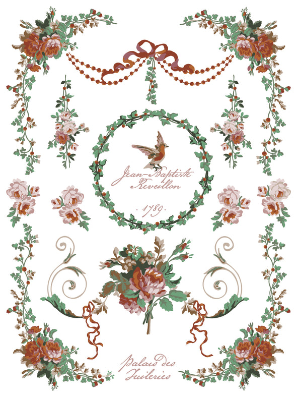 La Folie Paint Inlay sheet showcasing floral wreaths, songbirds, garlands, and script accents with romantic 18th-century style