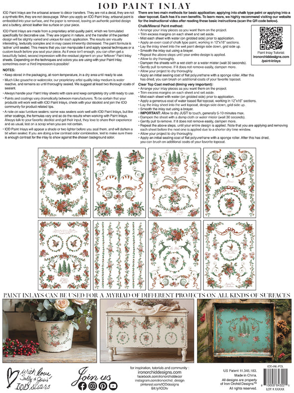 Back cover showing IOD La Folie Paint Inlay design sheets with instructions and examples