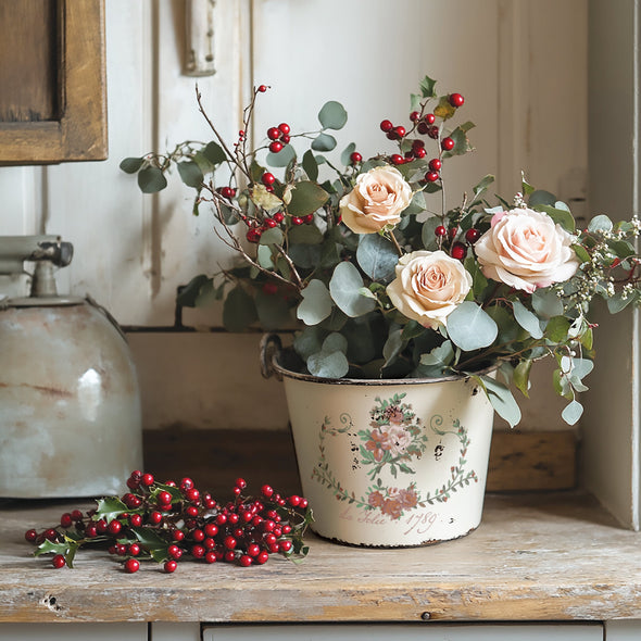 Decorative bucket with roses and foliage using IOD La Folie Paint Inlay