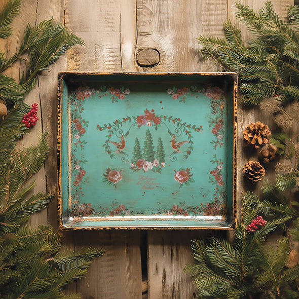 Wooden tray decorated with La Folie Paint Inlay featuring florals, trees, and birds