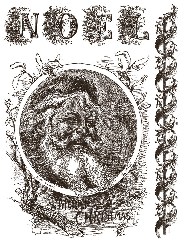 Twelfth Night Paint Inlay sheet featuring vintage Santa Claus portrait with “Merry Christmas” typography, ornate “NOEL” lettering, and decorative holiday border design.