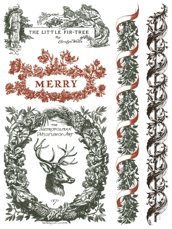 Twelfth Night Paint Inlay sheet with wreath, stag, ribbon, and “Merry” typography designs.