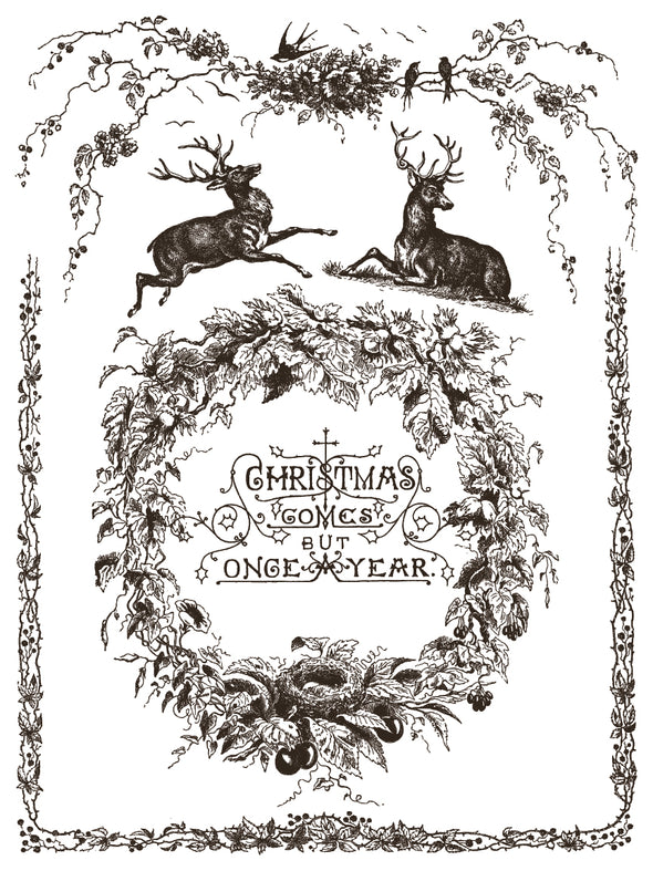 Sheet featuring deer, foliage, and “Christmas Comes But Once a Year” design from Twelfth Night Paint Inlay.