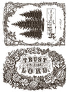 Twelfth Night Paint Inlay sheet with vintage fir tree and “Trust in the Lord” typography surrounded by florals.