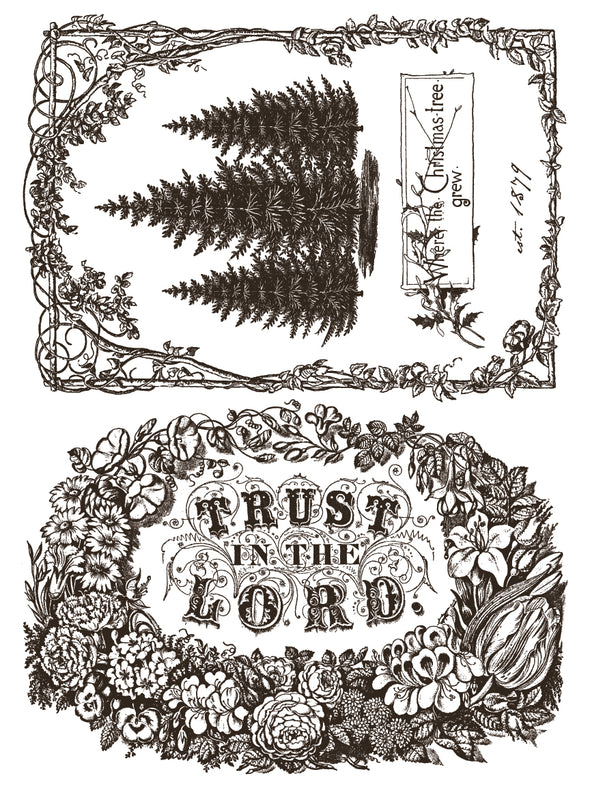 Twelfth Night Paint Inlay sheet with vintage fir tree and “Trust in the Lord” typography surrounded by florals.