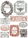 Assorted holiday labels and frames including “Joyeux Noel,” “Tidings of Joy,” and “A Christmas Carol” designs.