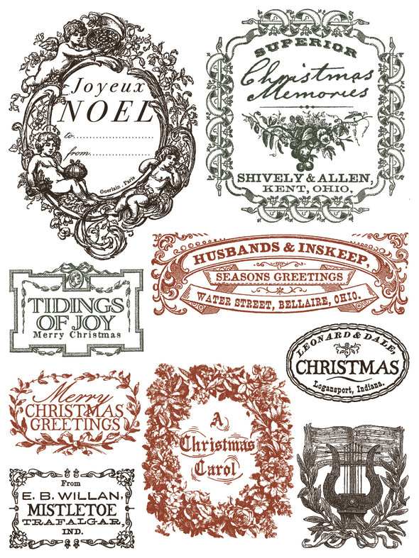 Assorted holiday labels and frames including “Joyeux Noel,” “Tidings of Joy,” and “A Christmas Carol” designs.