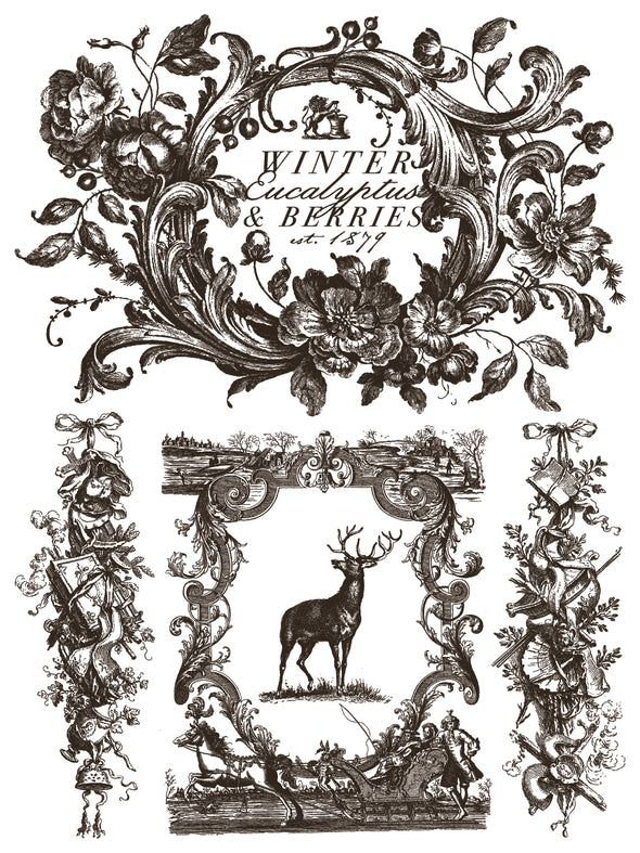 Twelfth Night Paint Inlay sheet featuring ornate floral frame with “Winter Eucalyptus & Berries” typography, a stag scene with decorative border, and detailed vintage scrollwork.