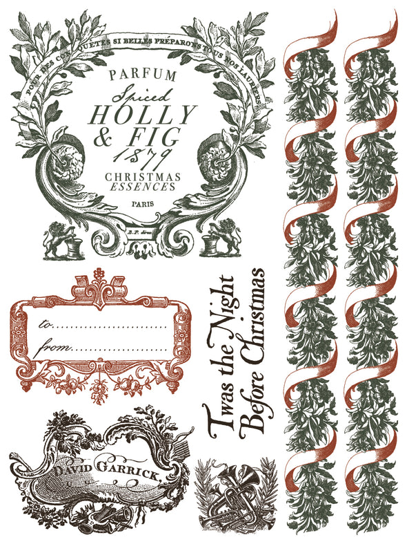 Twelfth Night Paint Inlay sheet with “Spiced Holly & Fig” parfum label, festive ribbons, “’Twas the Night Before Christmas” typography, and vintage holiday frames and motifs.