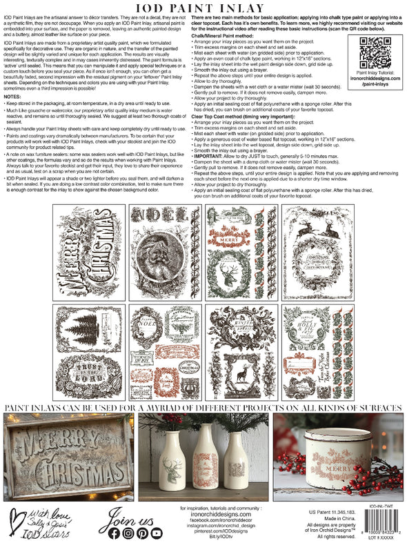 Back packaging of IOD Twelfth Night Paint Inlay showing included Christmas-themed designs.