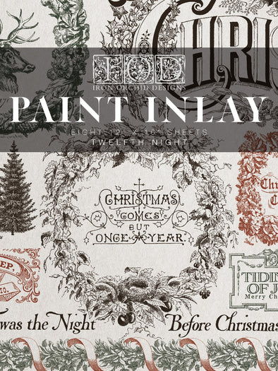 Front packaging of IOD Twelfth Night Paint Inlay featuring vintage holiday artwork.