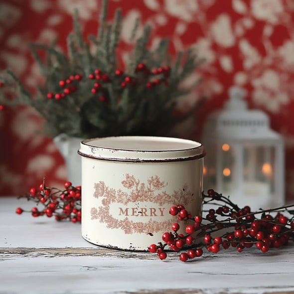 Holiday tin decorated with “Merry” design from IOD Twelfth Night Paint Inlay.