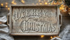 Rustic serving tray with large “Merry Christmas” typography design from Twelfth Night Paint Inlay.