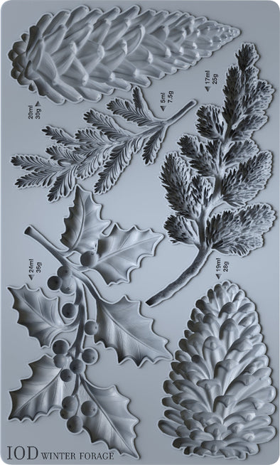 Rendered view of the IOD Winter Forage Mould showing detailed cavities of pinecones, berries, and holly leaves.