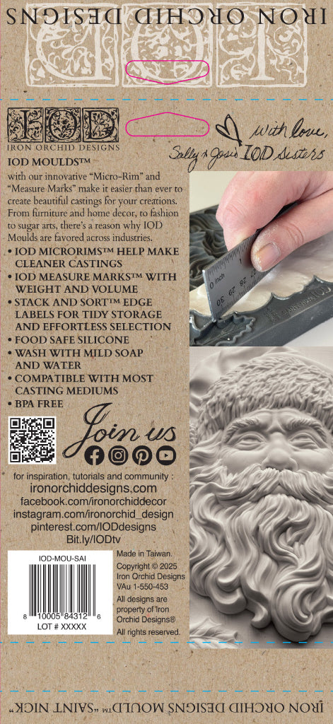 Packaging of the IOD Saint Nick Mould featuring festive branding and product details.
