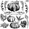 Black and white artwork sheet of IOD Autumn Blessings Stamp with pumpkins, turkeys, wheat, and garlands