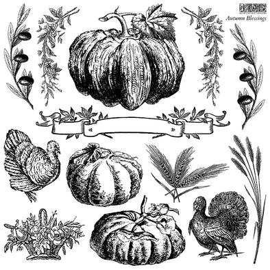 Black and white artwork sheet of IOD Autumn Blessings Stamp with pumpkins, turkeys, wheat, and garlands