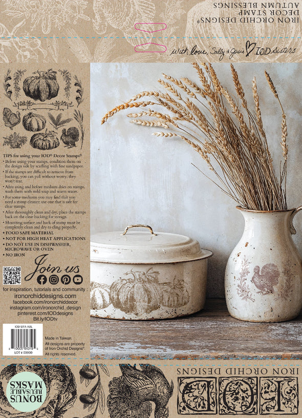 Packaging of IOD Autumn Blessings Stamp featuring pumpkins and turkey designs