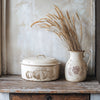 Example project showing pumpkins stamped on a casserole dish and turkey design on a ceramic pitcher