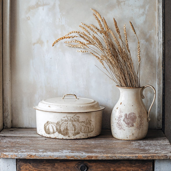 Example project showing pumpkins stamped on a casserole dish and turkey design on a ceramic pitcher