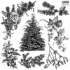 Line art of IOD Holly & Pine Stamp featuring holly, pine, mistletoe, and evergreen designs.