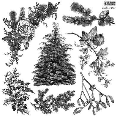 Line art of IOD Holly & Pine Stamp featuring holly, pine, mistletoe, and evergreen designs.