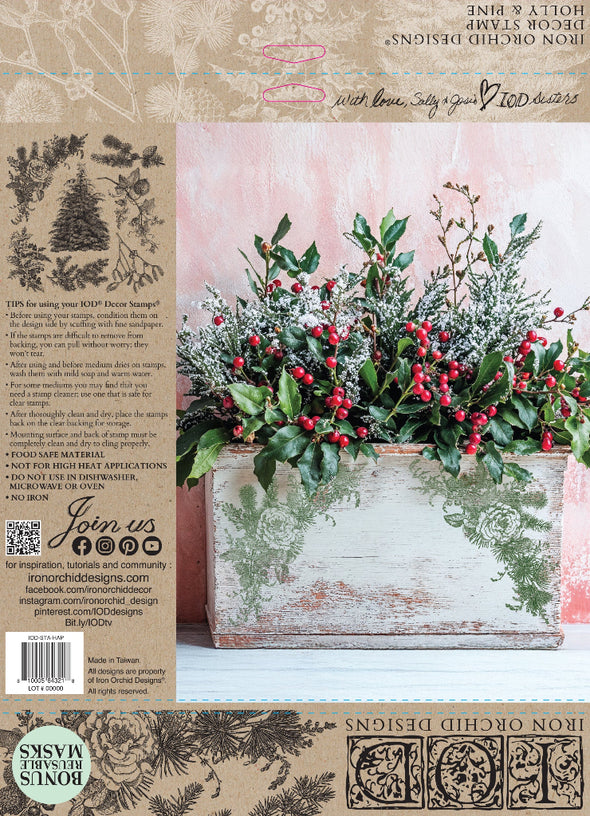 Packaging for IOD Holly & Pine Stamp showing stamped botanical designs and usage tips.