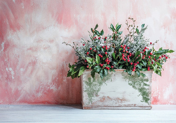 Holiday floral arrangement in a rustic wooden box decorated with IOD Holly & Pine Stamp.
