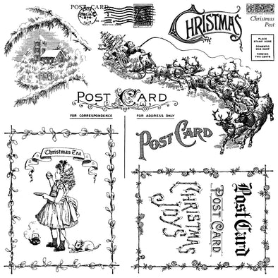 Vintage-inspired IOD Christmas Post Stamp artwork featuring reindeer sleighs, postcards, and holiday typography.
