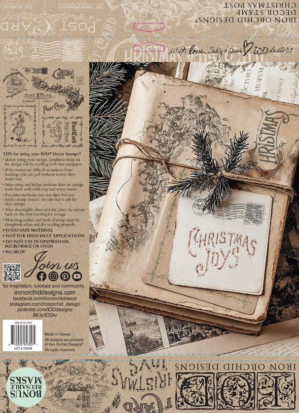 Packaging of IOD Christmas Post Stamp showing nostalgic postcard-inspired holiday designs and usage tips.