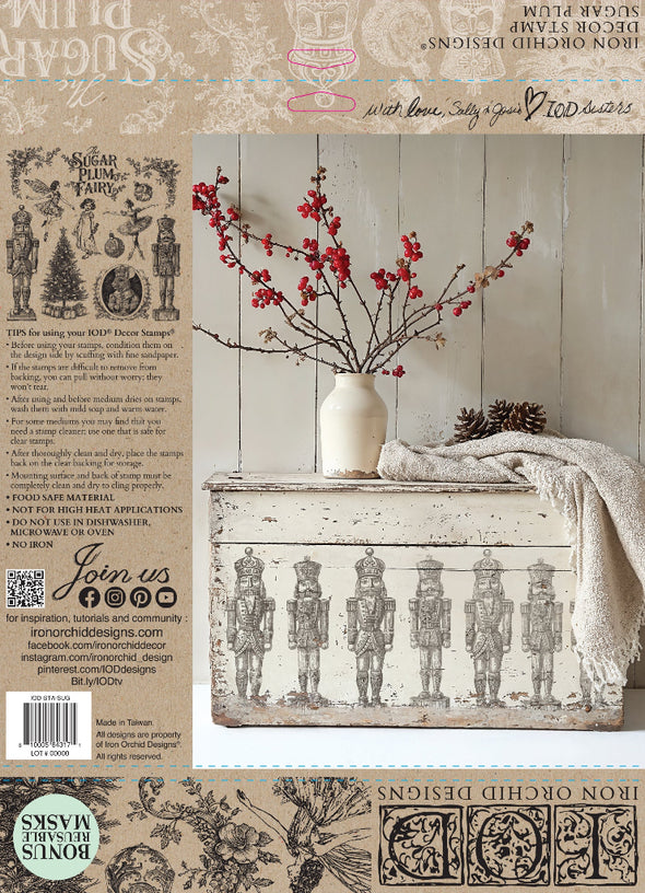 Packaging for the IOD Sugar Plum Stamp featuring design samples and usage tips.