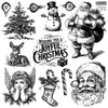 Black-and-white artwork sheet featuring vintage Christmas designs including Santa, snowman, ornaments, tree, deer, and candy canes
