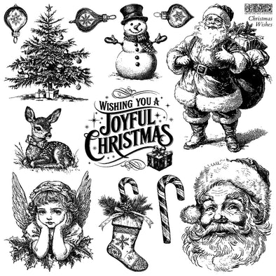 Black-and-white artwork sheet featuring vintage Christmas designs including Santa, snowman, ornaments, tree, deer, and candy canes